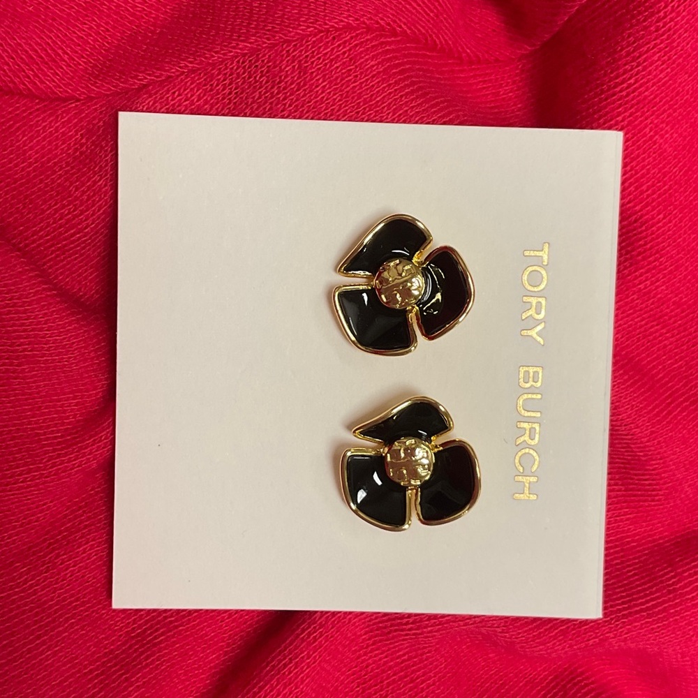 Tory Burch Gold and Black Floral Earrings